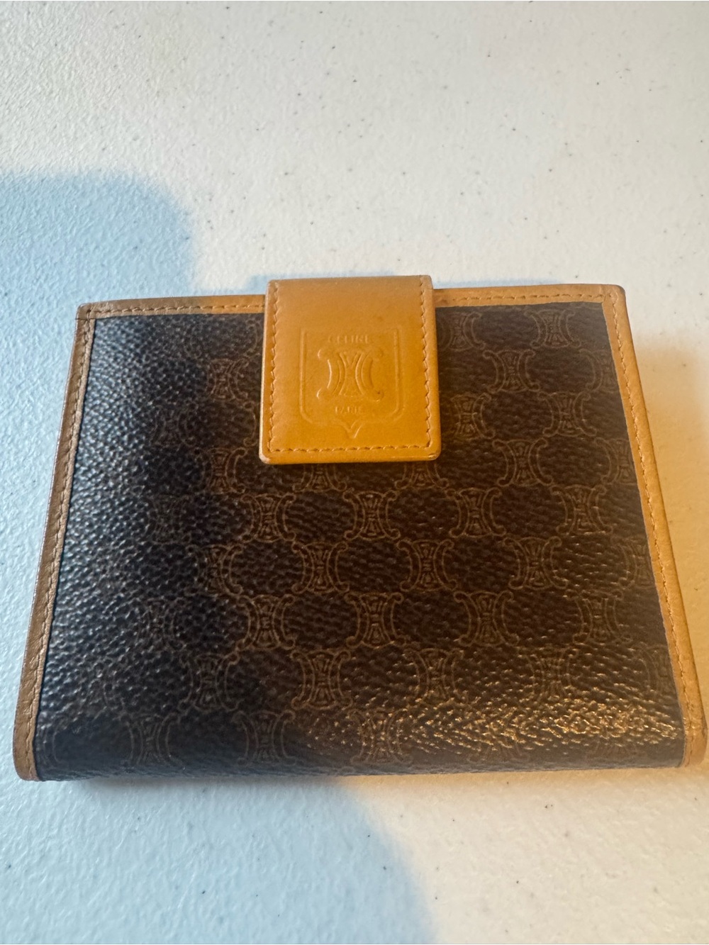 Celine Brown Leather Wallet with Tan Trim and Logo Snap